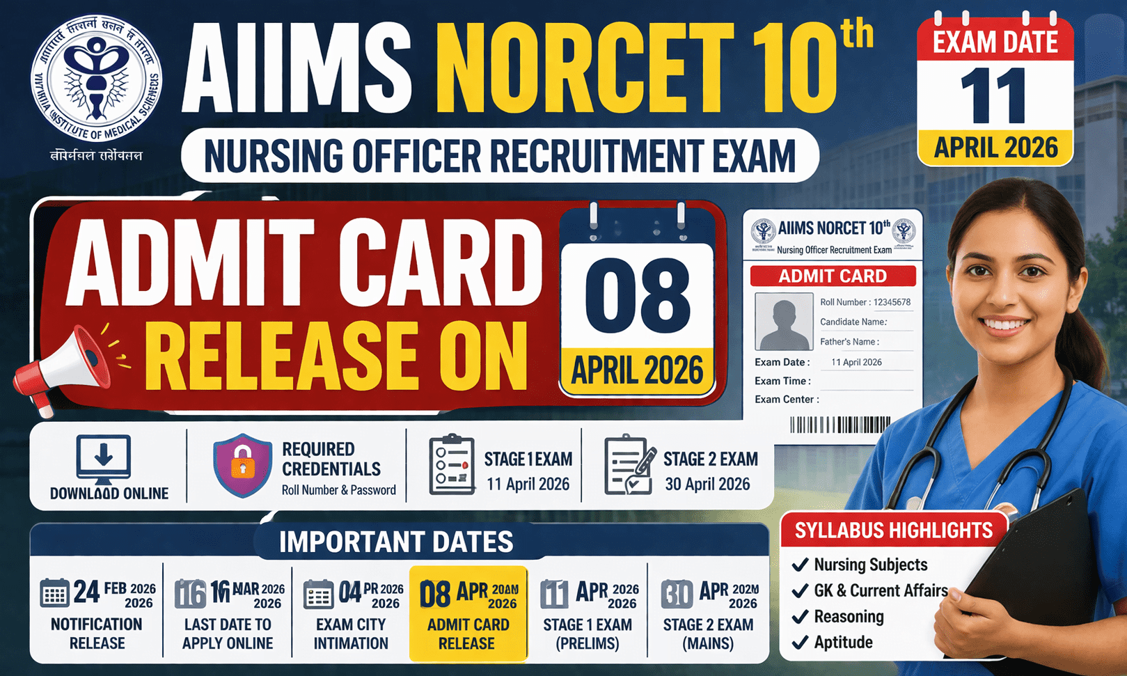 AIIMS NORCET 10th Nursing Officer admit card 2026