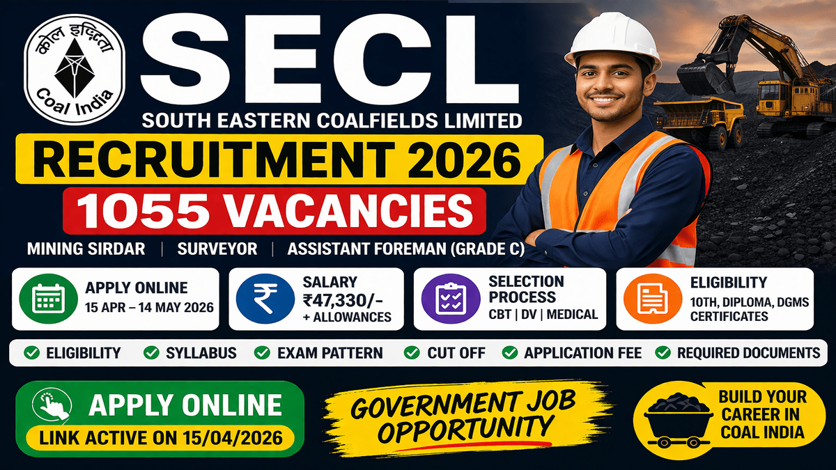 SECL Recruitment 2026 for Mining Sirdar, Surveyor & Assistant Foreman, syllabus, exam pattern Notification, Eligibility, Salary, Apply Online!