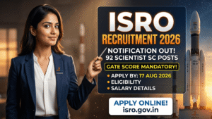 ISRO Scientist Engineer SC Recruitment 2026 notification released for 92 posts. Apply online till 17 August 2026 with GATE score, eligibility, salary details.