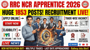 RRC NCR Apprentice Recruitment 2026 for 1853 Posts; Apply Online, Check Eligibility, Trade-Wise Vacancy & Selection Process